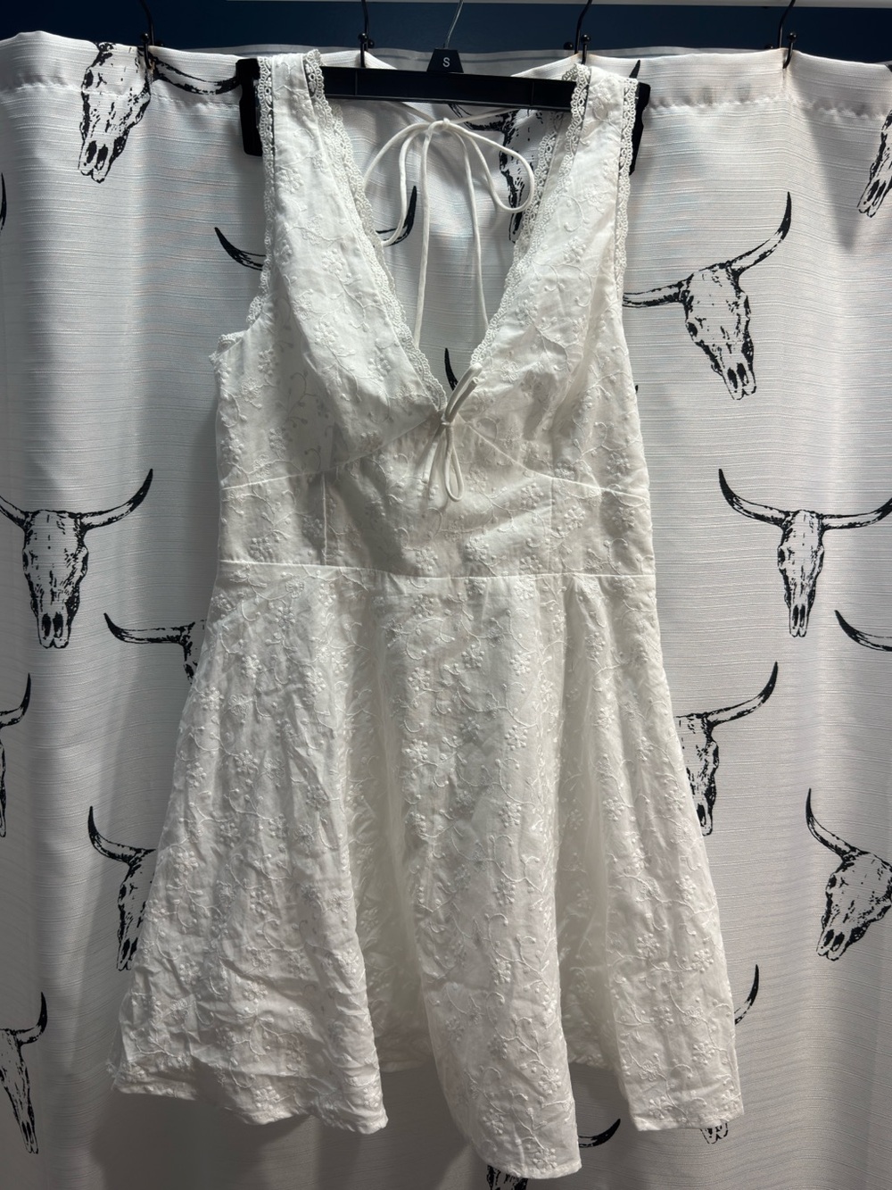 Altar'd State White Eyelet V-Neck Mini Dress with Tie Back